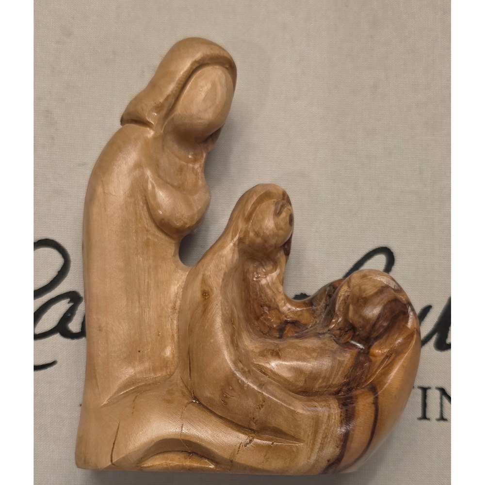 Hand Carved Olive Wood Holy Family Nativity Figurine Minimalist Faceless 3.25in